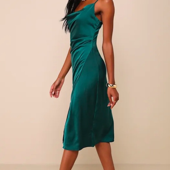 Lulus Women's Small Hollywood Satin Midi Dress Sleeveless Slit Forest Green - Picture 1 of 9